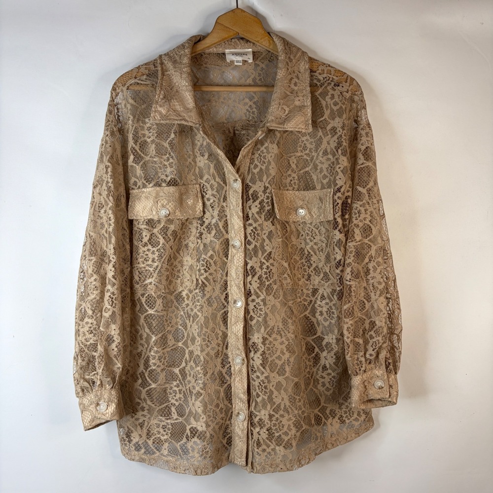 Andree Button Down Shirt Women 2X Tan Floral Lace Sheer Long Sleeve
